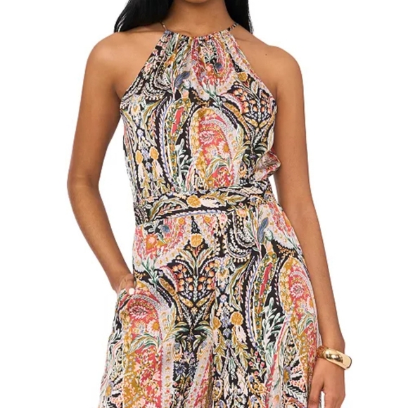 1.State Jumpsuit 2 Paisley Black Red Halter Wide Leg Back Tie Boho Comfy New$100 - Picture 3 of 16